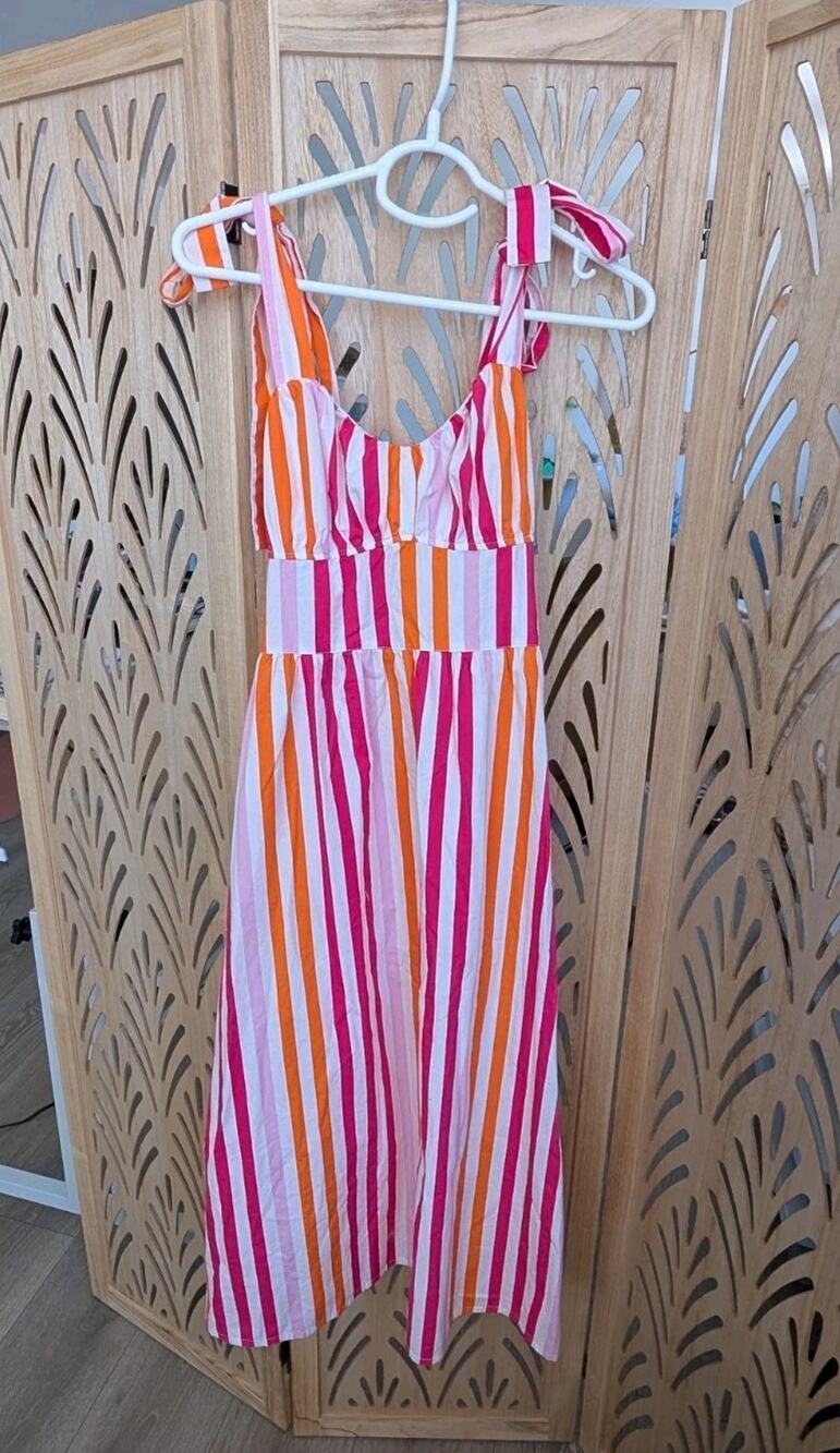 H&M Cotton Tie-Strap Sweetheart Neckline Fit /Flare Midi Sundress Striped S